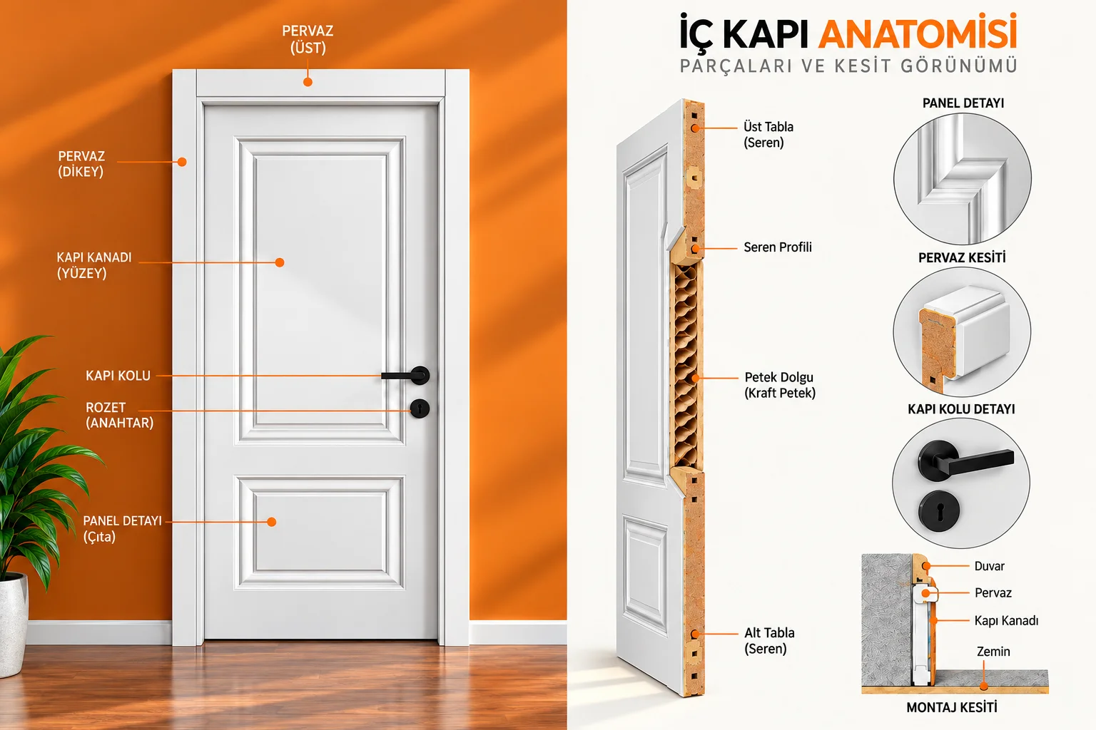 İç kapı anatomisi: pervaz, kapı kanadı, kol ve rozet etiketleriyle beyaz kapı; yanında seren profili, kraft petek dolgu ve montaj kesitini gösteren teknik çizim.