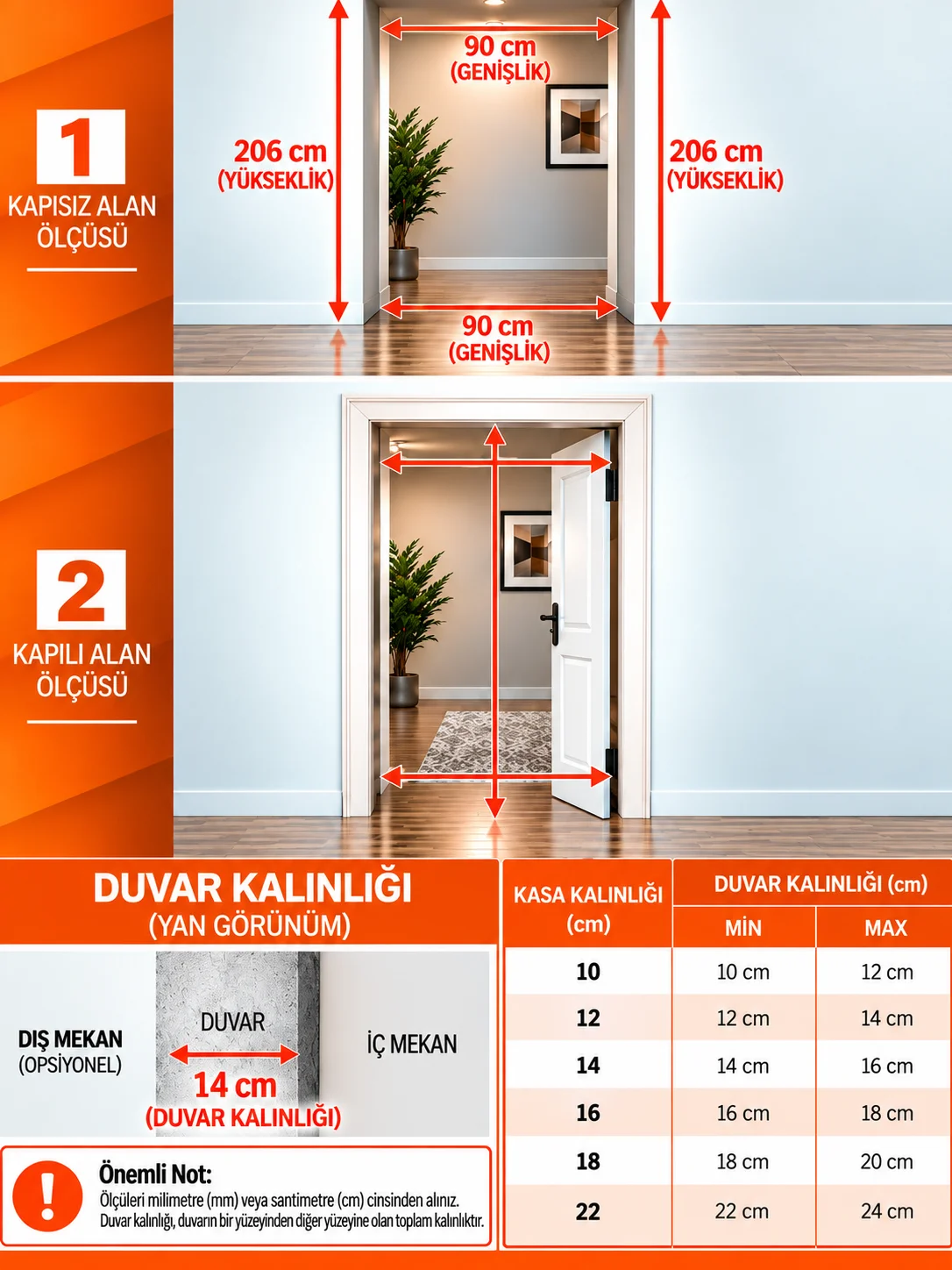 Ölçü rehberi: kapısız alan ölçüsü (90 cm genişlik, 206 cm yükseklik), kapılı alan ölçüsü ve kasa kalınlığına göre duvar kalınlığı tablosu.